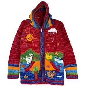 VTG Handmade Knit Hoodie Kid 4T Red Rainbow Llama Sun Duck Storybook Zip Sweater
